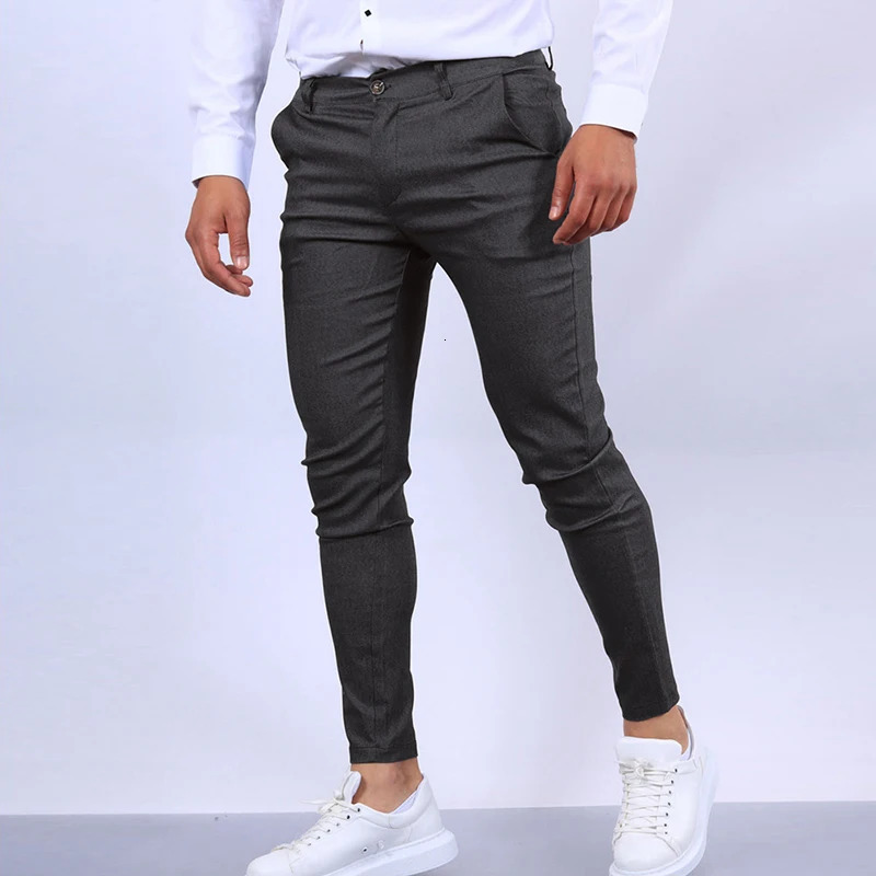 Spring Mens Casual Pants Streetwear Fashion Pure Color Mid Waist Slim Fit Pencil For Male Vintage Pleated Suit Trouser 240806