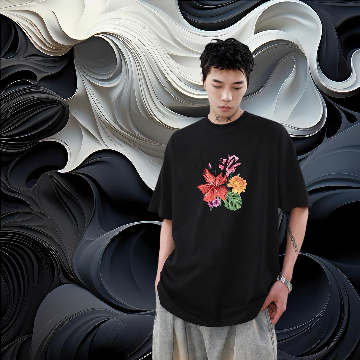 New Arrival Mens T Shirts 230g Pure Cotton flower Hip Hop Street Top Tees Breathable Loose Fit Men Clothes T-Shirt Asian Size