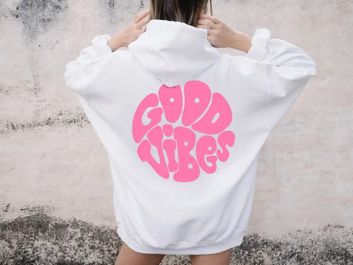 Women GOOD VIBES ONLY Letter Printed Zip Up Hoodie Harajuku Streetwear Long Sleeve Loose Sweatshirt Jacket Hip Hop Y2k Clothes 240806