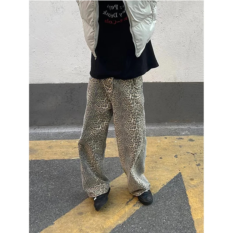 Brown Womens Jeans High Waist Leopard Print Straight Fashion Pants Streetwear Harajuku Y2K Vintage Female Wide Leg Denim Trouse Z260314