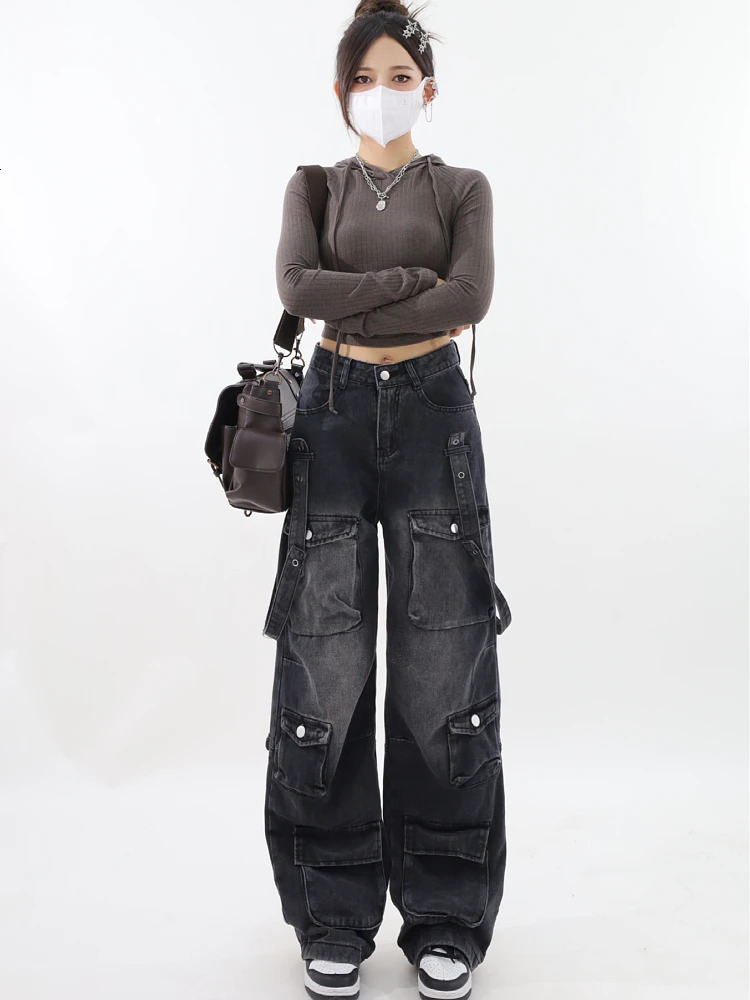 Women Vintage Black Gothic Cargo Jeans Y2k Wide Leg Denim Pants Oversize 2000s High Waist Jeans Korean Baggy Trousers 90s Jeans 240806