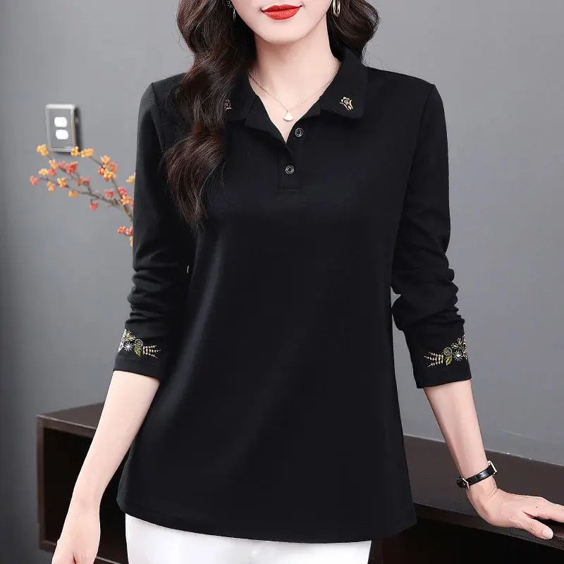 Womens Vintage Embroidery Polo Collar Elegant T-shirts Spring Autumn Korean Fashion Casual Long Sleeve Loose Tops Ropa De Mujer 240806
