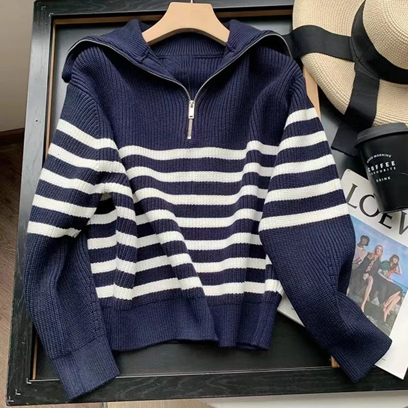 HELIAR Women Striped Loose Knit Sweater Casual Long Sleeve Zipper Polo Collar Sweaters Thickened Warm Pullovers Autumn Winter 240806