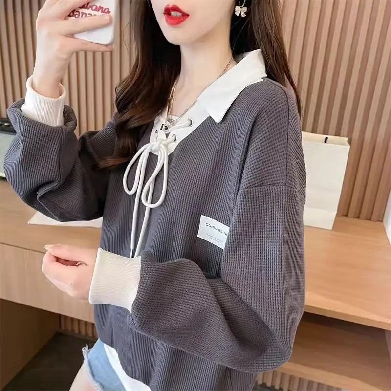 Spring Summer Contrast Lacing Loose T Shirts Polo Neck Long Sleeve Patchwork Trend Tops Tees Casual Fashion Women Clothing 240806