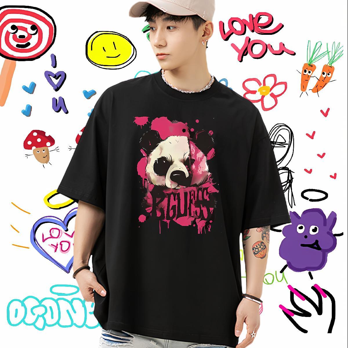 Classic Man T Shirts 100% Cotton 230g panda Casual Beach Tops Tees Breathable Short Sleeve Wholesale Tshirts Black White