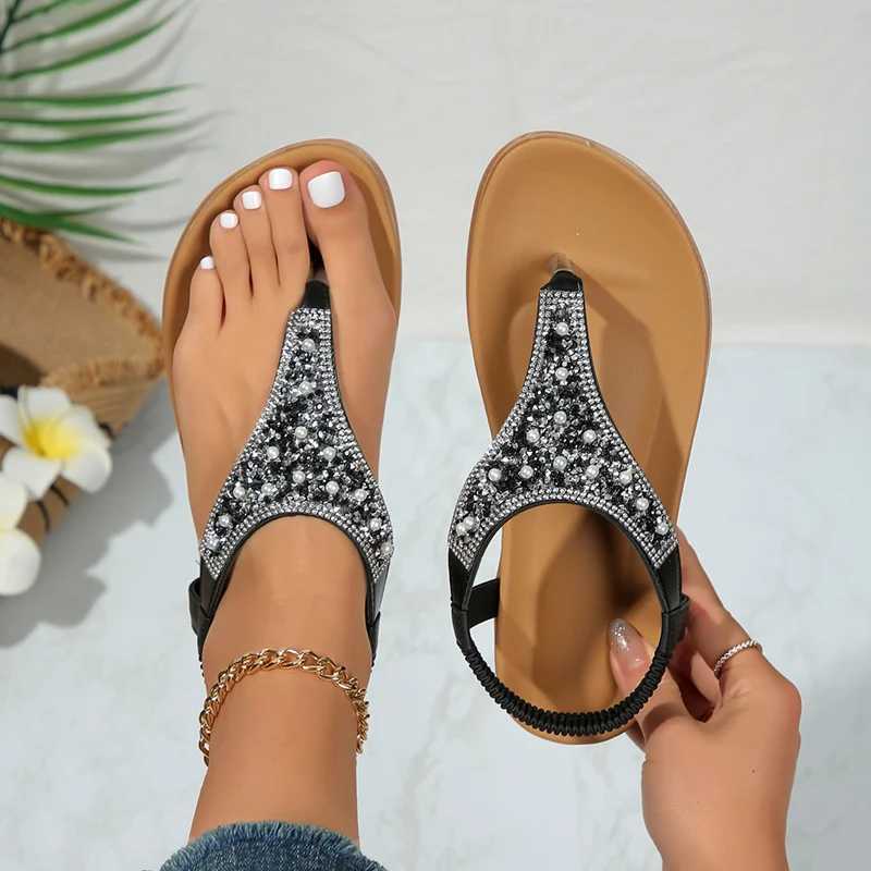 High Quality Lucyever Summer Clip Toe Bohemia Sandals Women Fashion Shiny Crystal Flat Sandalias Woman Non Slip Sole Beach Sandals Women T241227