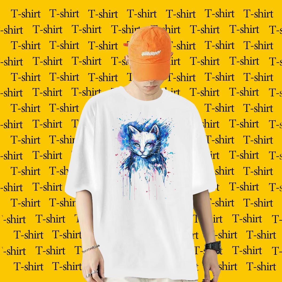 Fashion Design T Shirt For Man 230g 100% Cotton cat Hip Hop Wear Breathable Crew Neck Loose Fit Men Tees Custom Cartoon