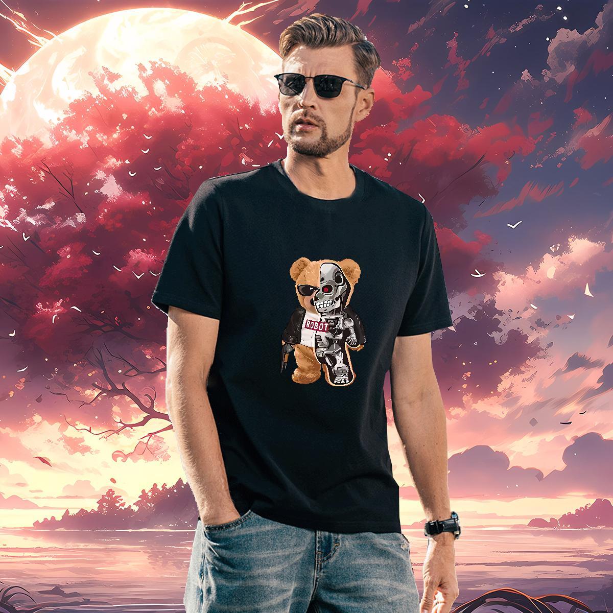 T Shirts Men 230g Pure Cotton bear Home Outdoor Breathable Short Sleeve Anime Tshirts New Loose Fit Tops