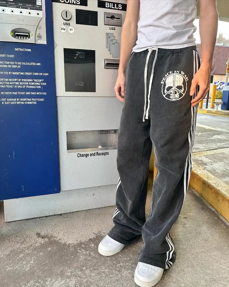 Retro Gothic Punk Skull Bone Letter Printed High Waist Casual Pants for Men Y2K Fashion Edition Harajuku Loose Sports Women 240808