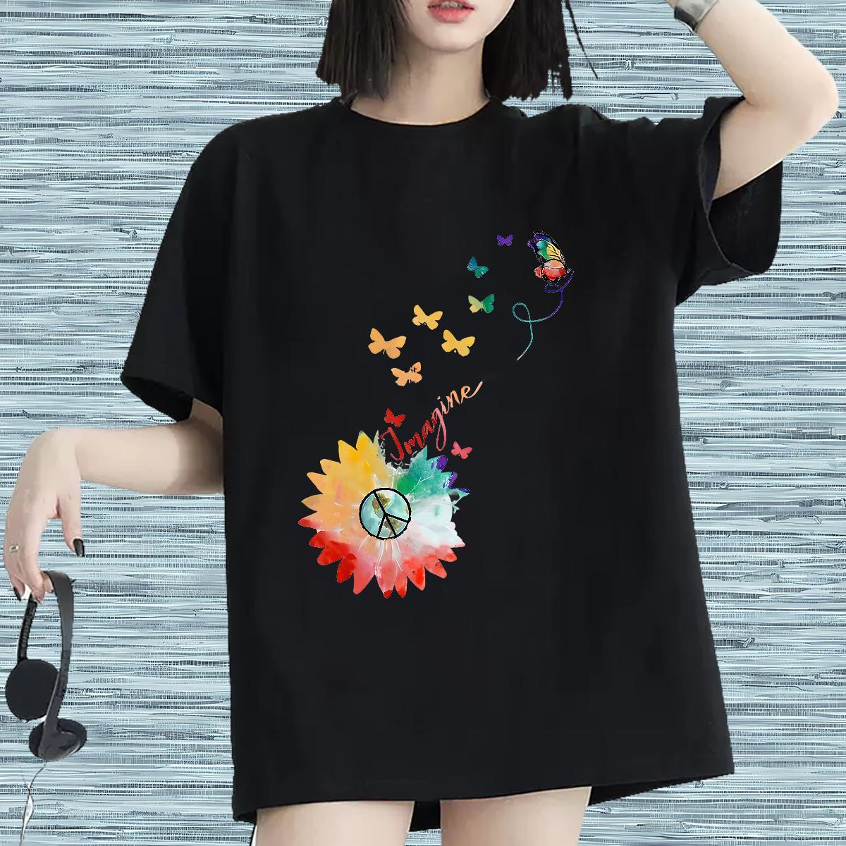Loose T Shirts Women O Neck Short Sleeves Women Tshirts Anime Oversized Butterfly Spring Summer 230g Pure Cotton 2024 Tee Shirt