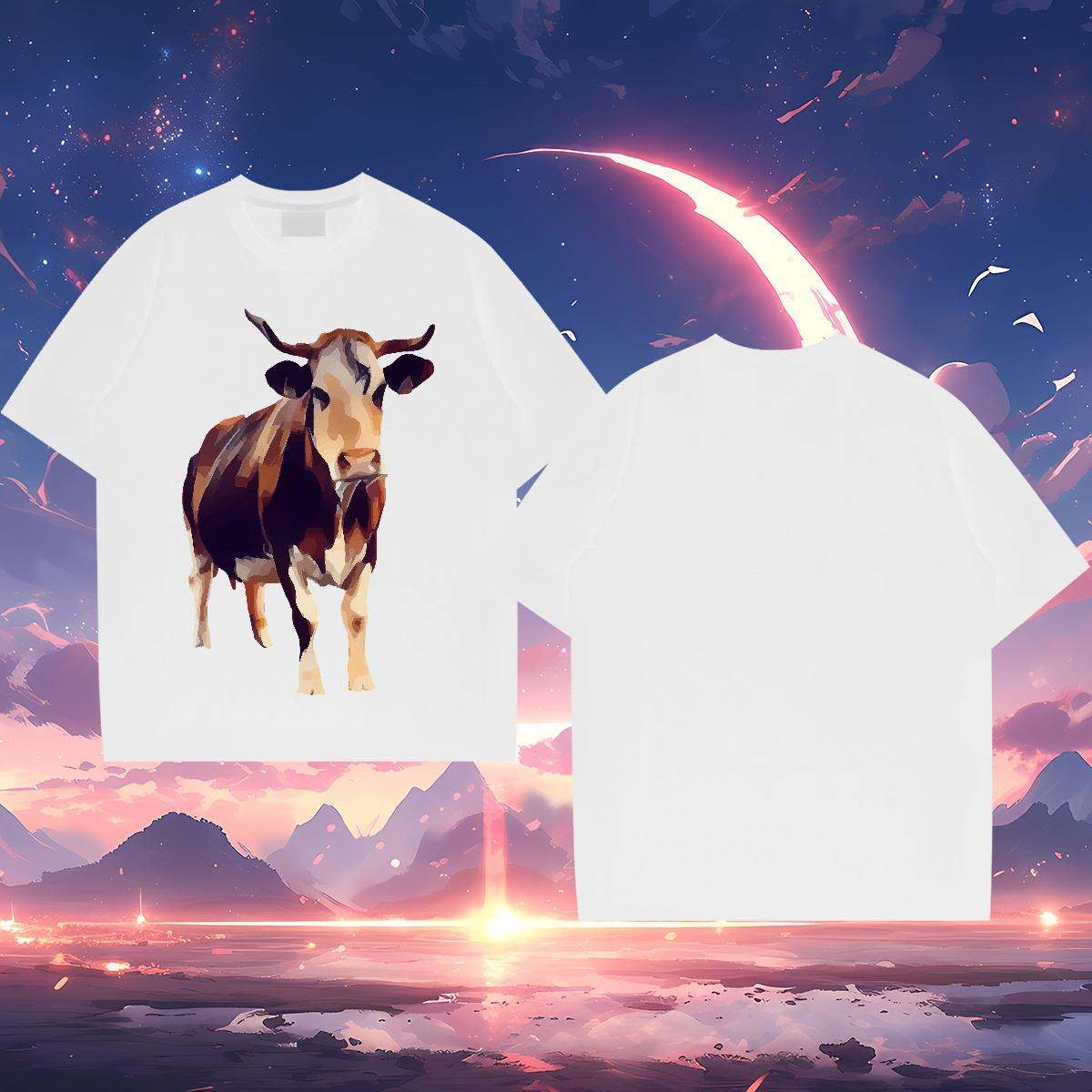 Fashion Casual T-Shirts 230g Pure Cotton cow Daily Wear Tees Shirts Breathable Crew Neck Comfortable Men Tshirts Cartoon Printing L-4XL
