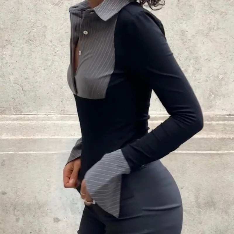 Official Ladies Stripe Print Patchwork Shirts Fashion Polo-neck Button Skinny Crop Tops Autumn Elegant Shirts 240806