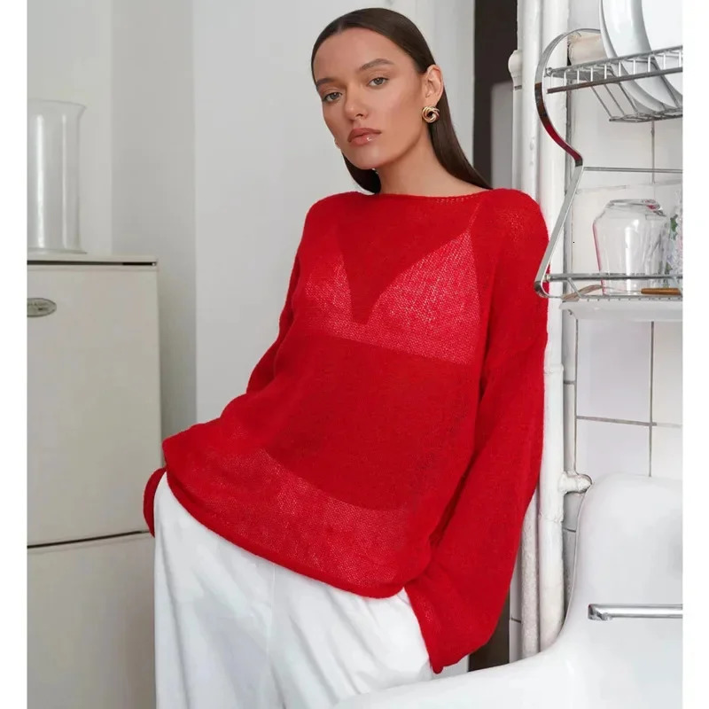Loose Long Sleeve Mesh Sweatshirt Pullover Women Knitted Transparent Oversize T-shirt Fashion See Through O Neck Y2K Sweater Top 240806