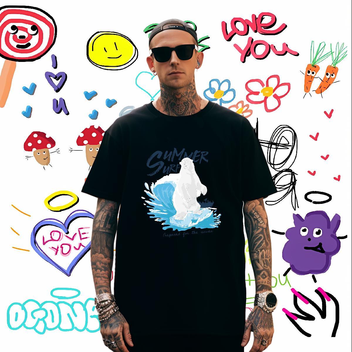 T Shirts Men 230g Cotton bear Anime Printing Street Breathable Crew Neck Custom Printing Men Tops Tees Customized Wholesale Clothings