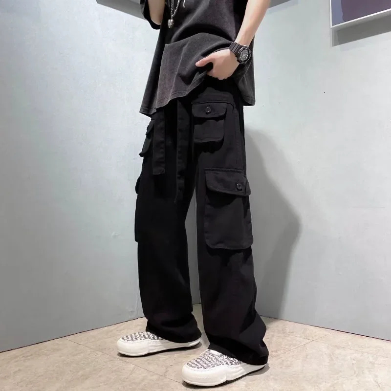 Trousers Man Wide Multi Pocket Cargo Pants For Men Grey Straight Multipockets Large Size With Comfortable Aesthetic Emo Cotton 240806