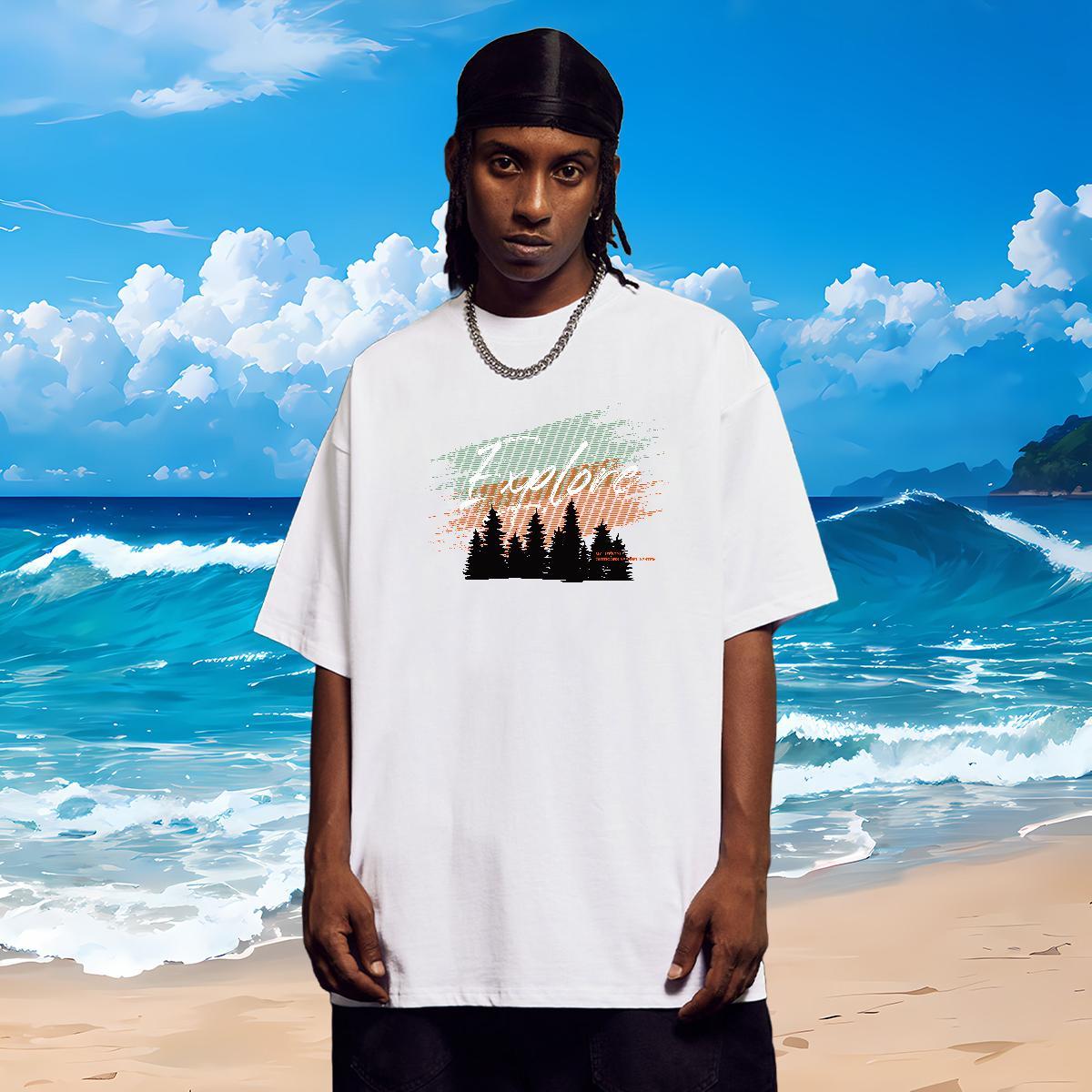 2024 T-Shirts for Men 100% Cotton 230g tree Outdoor Tops Tees Breathable Short Sleeve High Quality Men Tshirts Cartoon Print