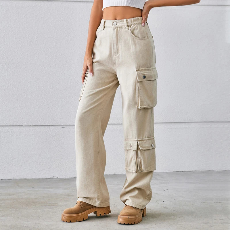 Syiwidii-Womens Cargo Pants Elastic Waist High Waist Denim Trousers Female Clothes Fashion Casual Jeans Big Pocket Loose 240806