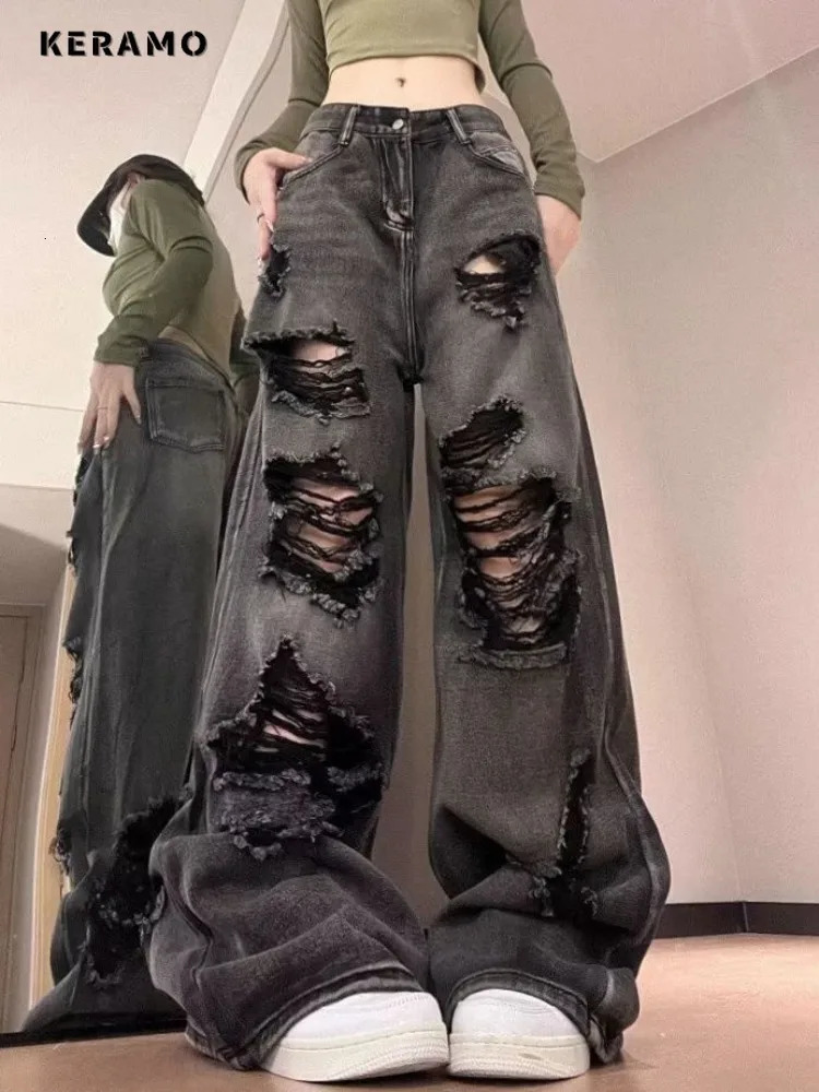 American Vintage High Waist Straight Jeans Womens Casual 2000s Pants Baggy Y2K Wide Leg Grunge Hollow Out Denim Trouser 240806
