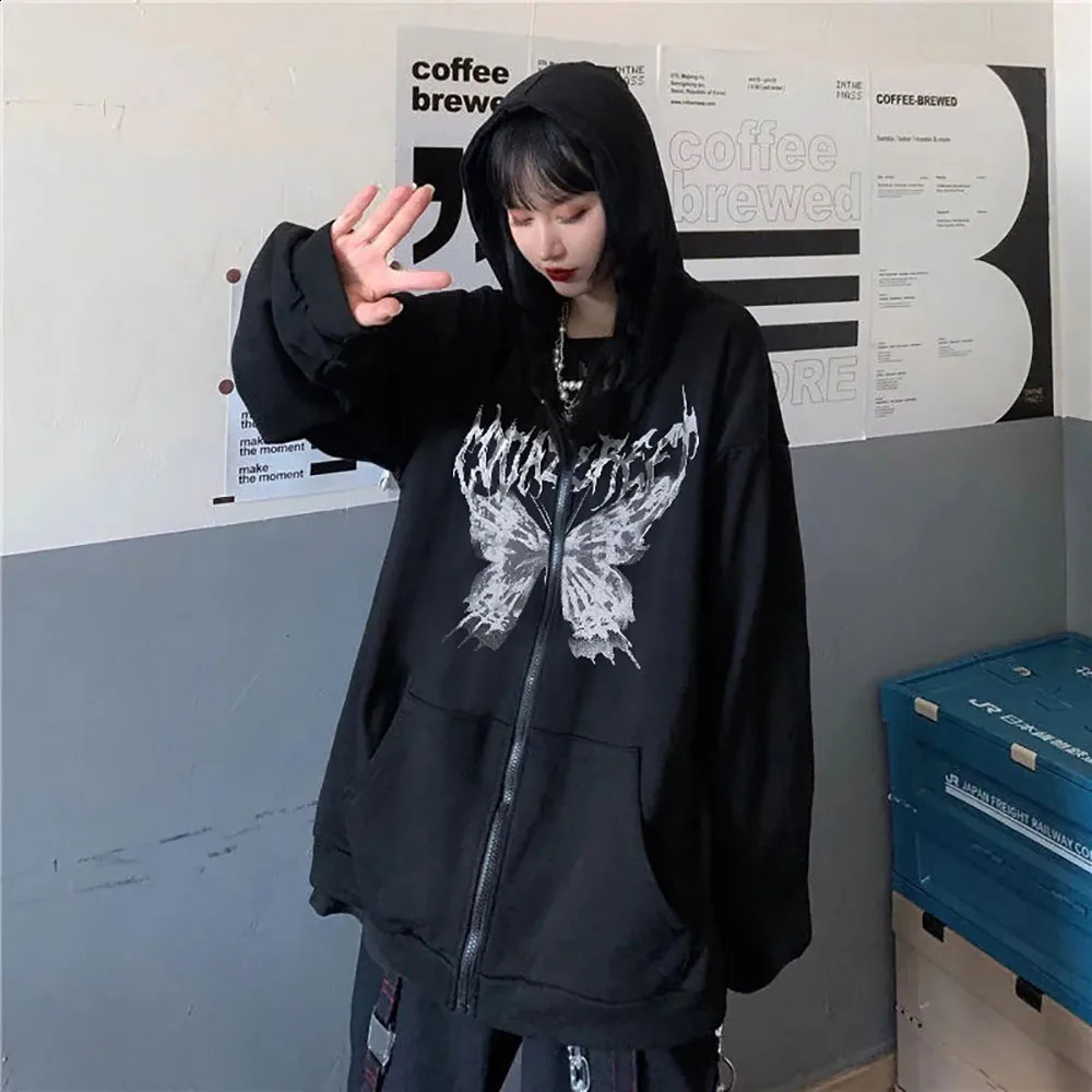 Gothic Hooded Autumn Winter Y2K Hoodies Zip Up Women Jackets Streetwear Mens Sweatshirts Harajuku Casual Tops 240806