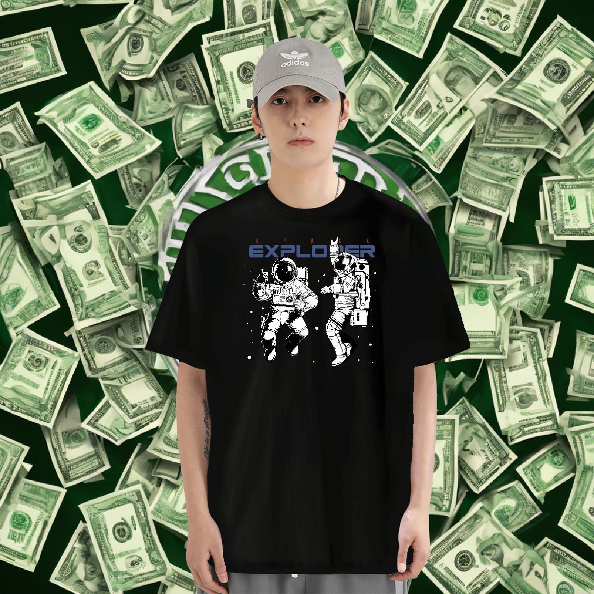 T-Shirts 230g Pure Cotton spaceman Spring Summer Breathable Crew Neck Cartoon Print Men Clothes T-Shirt Fashion Casual Loose Tops