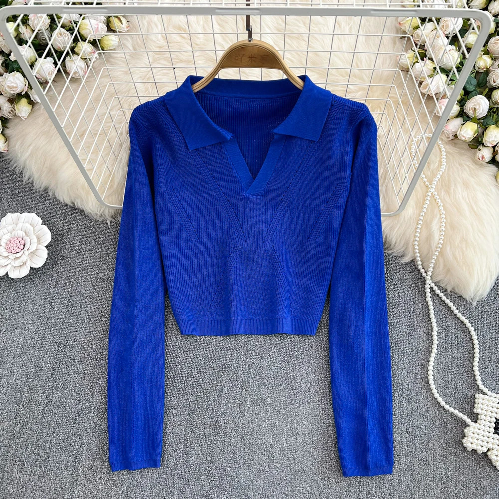Long sleeved ultra-thin knitted collar T-shirt sexy and elegant T-shirt fashionable high waisted T-shirt womens spring and autumn crop top Y2k 240827