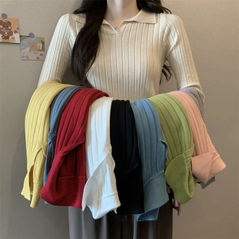 Autumn Winter Womens Fashion Polo Shirt Long Sleeve Slim Fit Tops Knit Shirt Y2k Tops T Shirts 240806