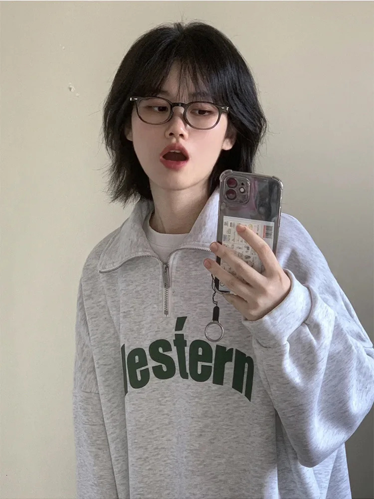 Retro polo collar zipper womens hooded sweatshirt oversized sportswear Korean autumn Y2K letter printed long sleeved T-shirt youth polo shirt 240827