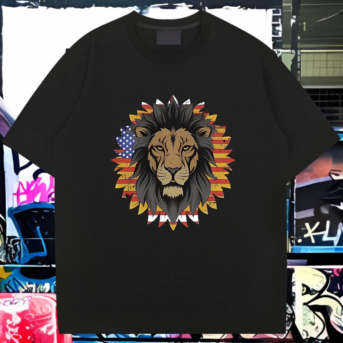 2024 New T-Shirts 230g Cotton lion Spring Summer Tees Round Neck Short Sleeve Loose Fit Tshirts Plus Size Cartoon