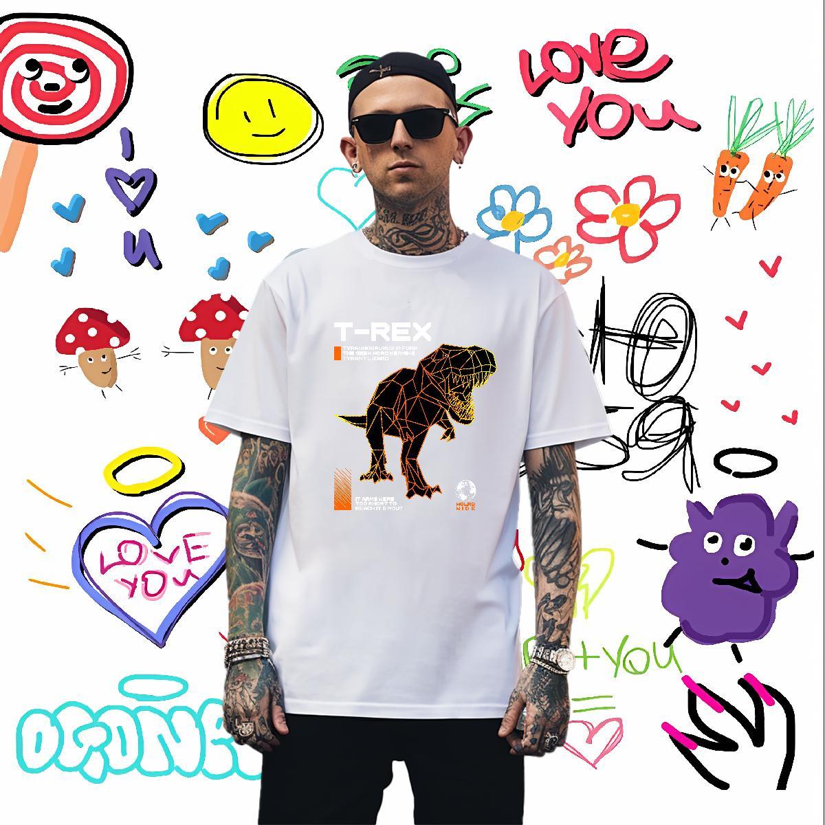 Unisex Tshirt for Man Woman 230g Cotton dinosaur Men T Shirts Hip Hop Street Breathable Crew Neck Custom Print Oversized Fashion Design Polos