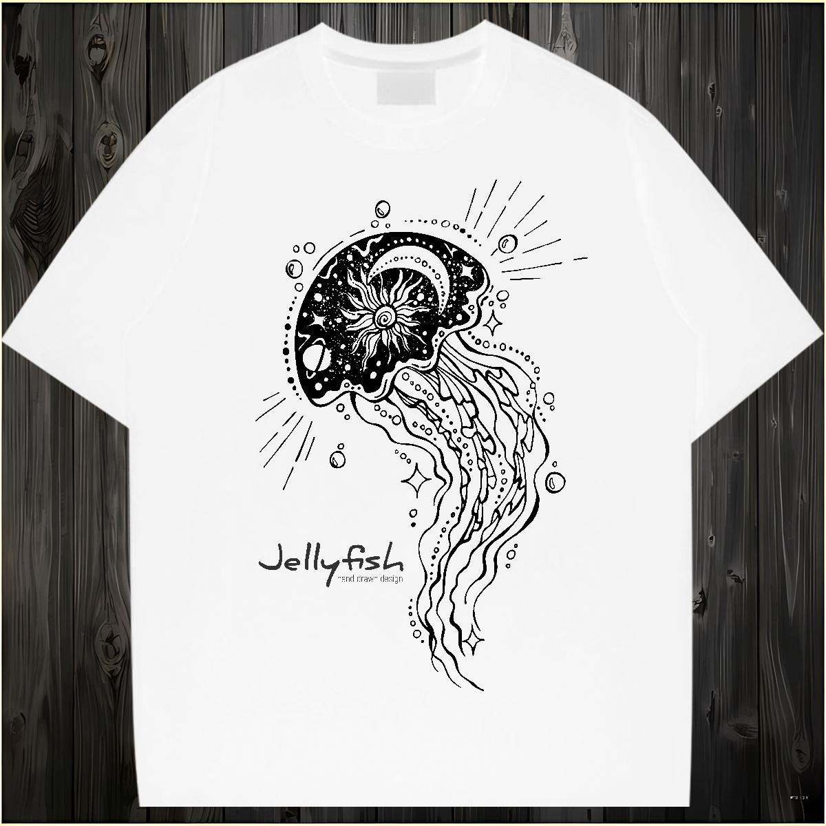 2024 New T-Shirts for Men 230g 100% Cotton jellyfish Hip Hop Clothings Pure Cotton Cool Men Tops Tees Black White