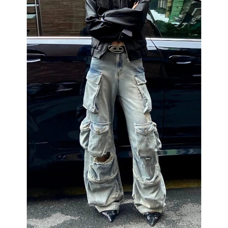 Womens Blue Cargo Jeans Baggy Vintage Y2k Denim Trouser 2000s Harajuku Wide Leg Cowboy Pants Trashy 90s Aesthetic Clothes 240806