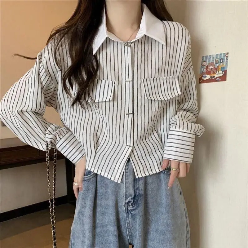 Contrast Striped Patchwork Short Blouse Spring Polo Neck Long Sleeve Loose Fashion Shirt Tops Office Casual Women Clothing 240806