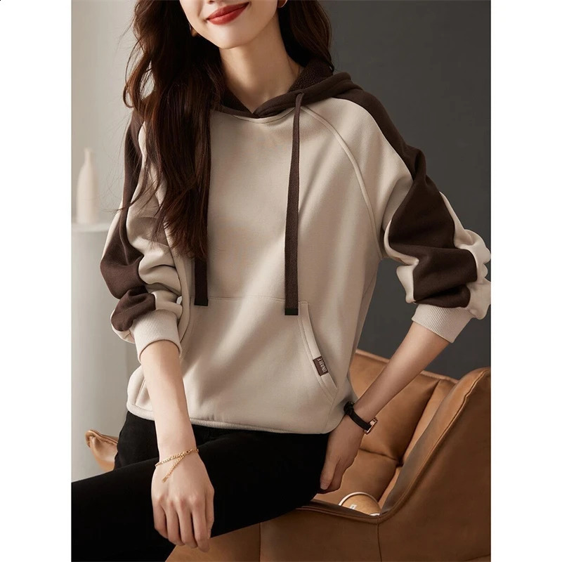 Women Korean Patchwork Fleece Hooded Sweatshirts Autumn Winter Casual Long Sleeve Pullover Tops Female Vintage Oversized Hoodies 240805
