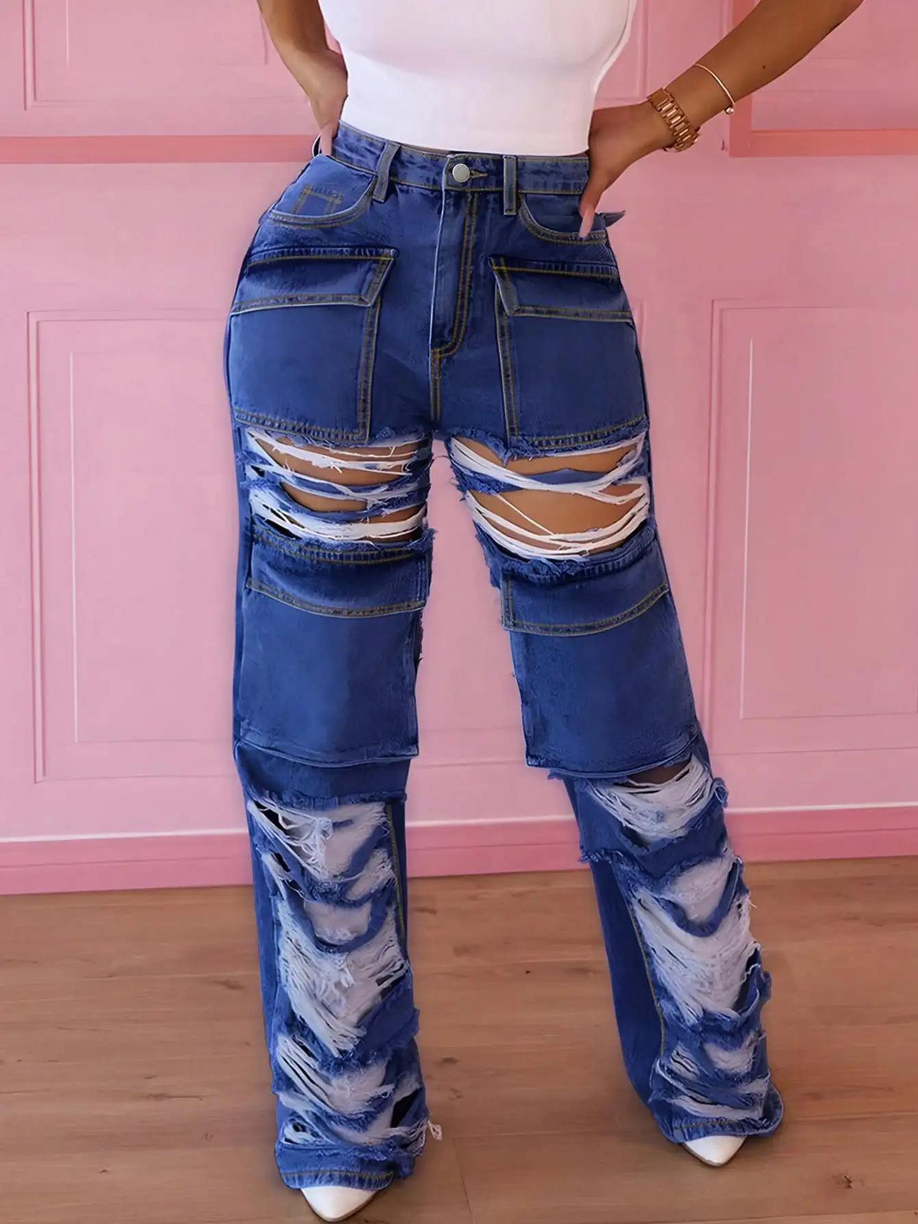 Y2K Street High Waist Washed Flap Pocket Ripped Raw Cargo Pants Daily Casual Pants 240806