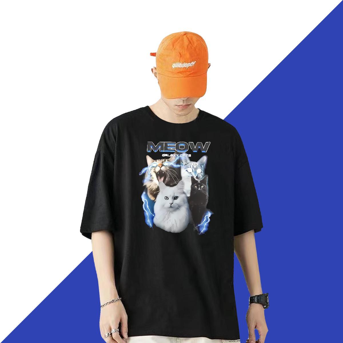 Casual New Man T Shirts 230g Pure Cotton cat High Street Hip Hop Tee Shirt O-Neck Short Sleeve Cool Design Mens Tshirts DIY