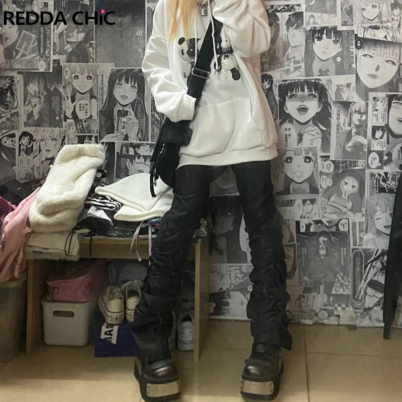 REDDACHiC Goth Lolita Black Pants Casual Flare Stacked Jeans Women Stretchy High Waist Trousers 2000s Y2K Grunge Emo Streetwear 240806