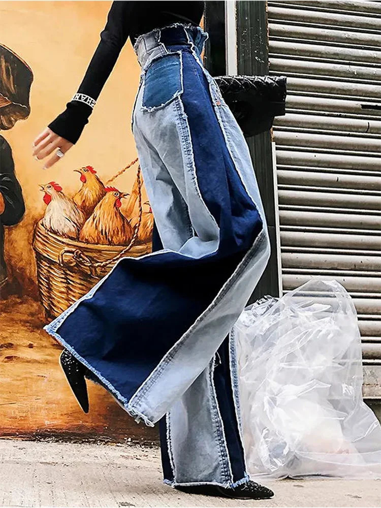 Women High Waist Jeans Patwork Vintage Streetwear Denim Pants Casual Colorblock Patchwork Raw Trim Wide Leg Denim Jeans Trousers 240806