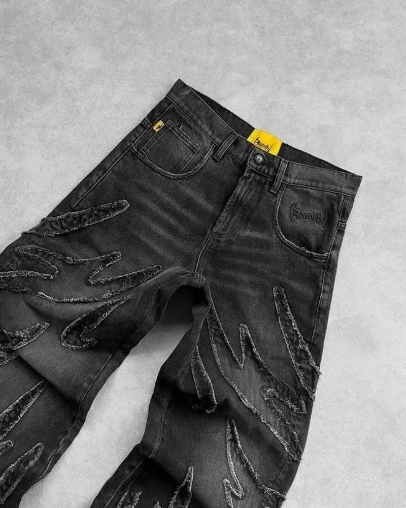 Retro HipHop Flame Embroidered High Waist Jeans Female Y2K Street Harajuku And Gothic Loose WideLeg Pants Are Unisex 240806