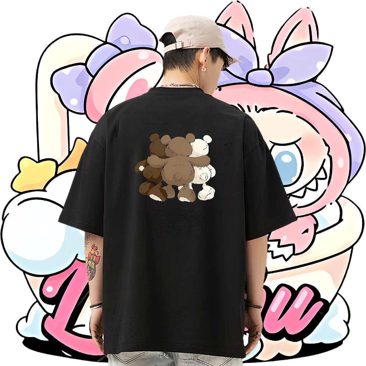 Fashion Casual Men T Shirts 230g Pure Cotton bear Street wear Hip Hop Tops O Neck Short Sleeves Loose Mens Tshirts Anime Print