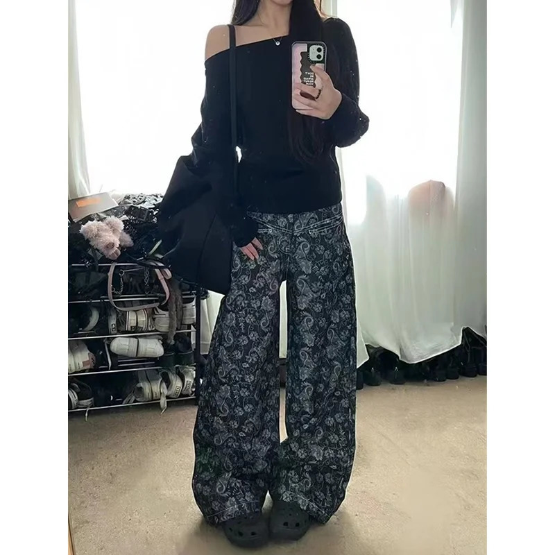 Womens Flower Print Baggy Jeans Vintage Cowboy Pants Harajuku Straight Denim Trousers Y2k Trashy Japanese 2000s Style Clothes 240806