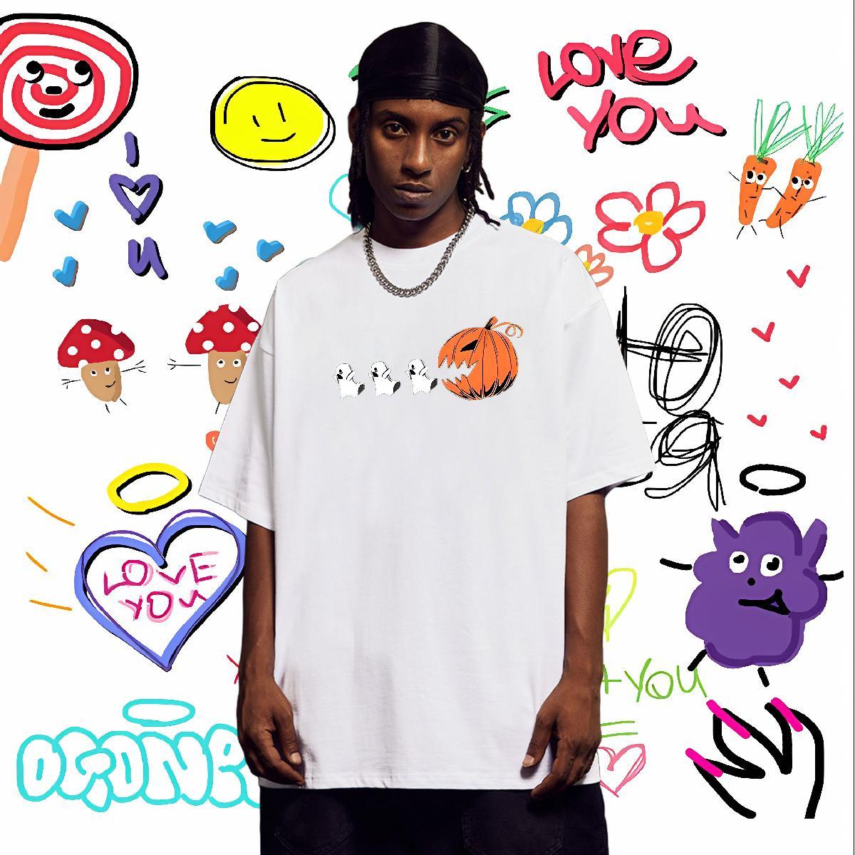 Designer T Shirts Men 100% Cotton 230g halloween Street Casual Tops Tees O Neck Short Sleeves High Quality Men Tops Tees DIY Anime