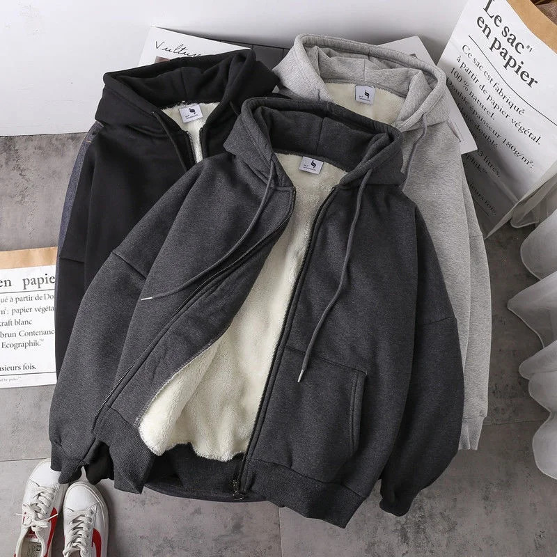 Ready Stock Women Coat Plush Jackets Solid Color Velvet Thick Warm Winter Hoodies Coat Zipper Sweatshirt Tops Winter Plus Size 240812