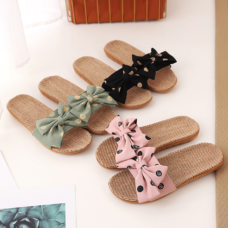 Bow Linen Ladies Indoor Anti-slip Thick-soled Slippers Home Shoes for Women