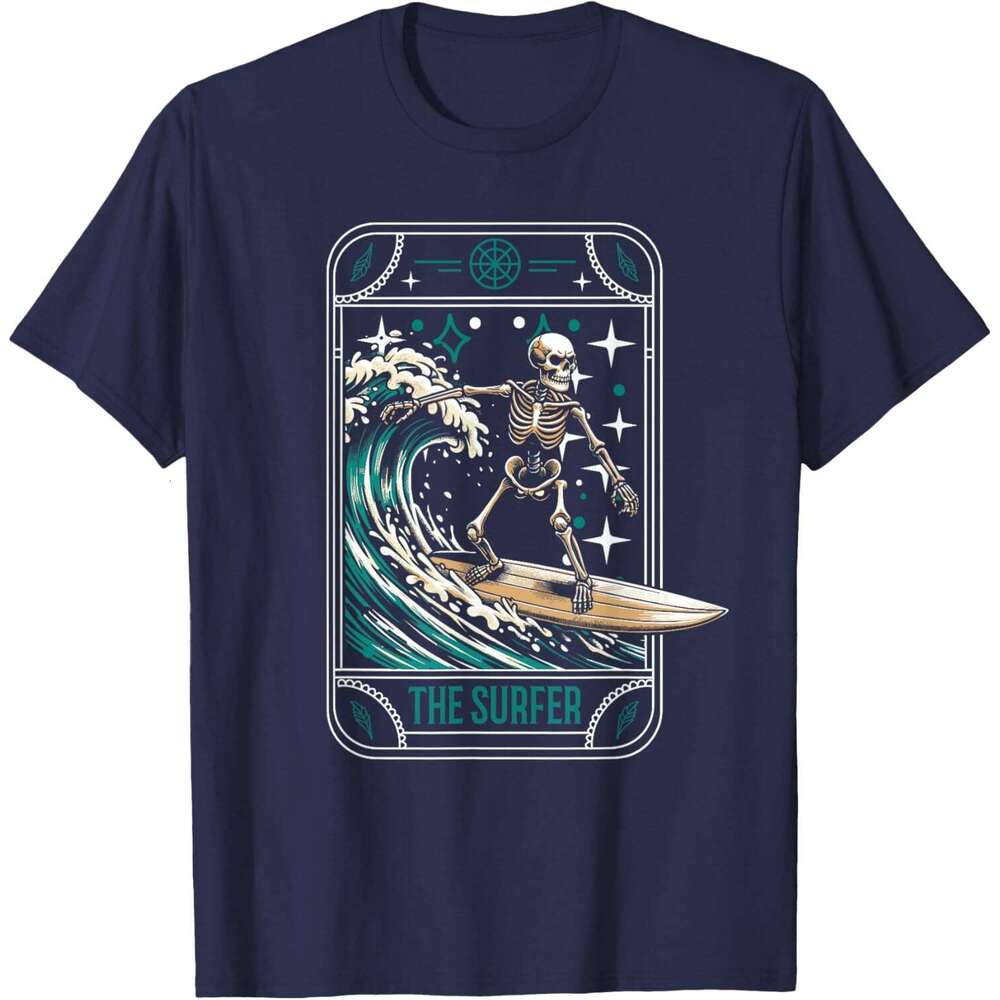 Halloween T shirt Mens Surfer Surfing Surfboard - Waves Skeleton Tarot Card T-Shirt shirts tshirt graphic tee Casual tops summer clothes Short sleeve 