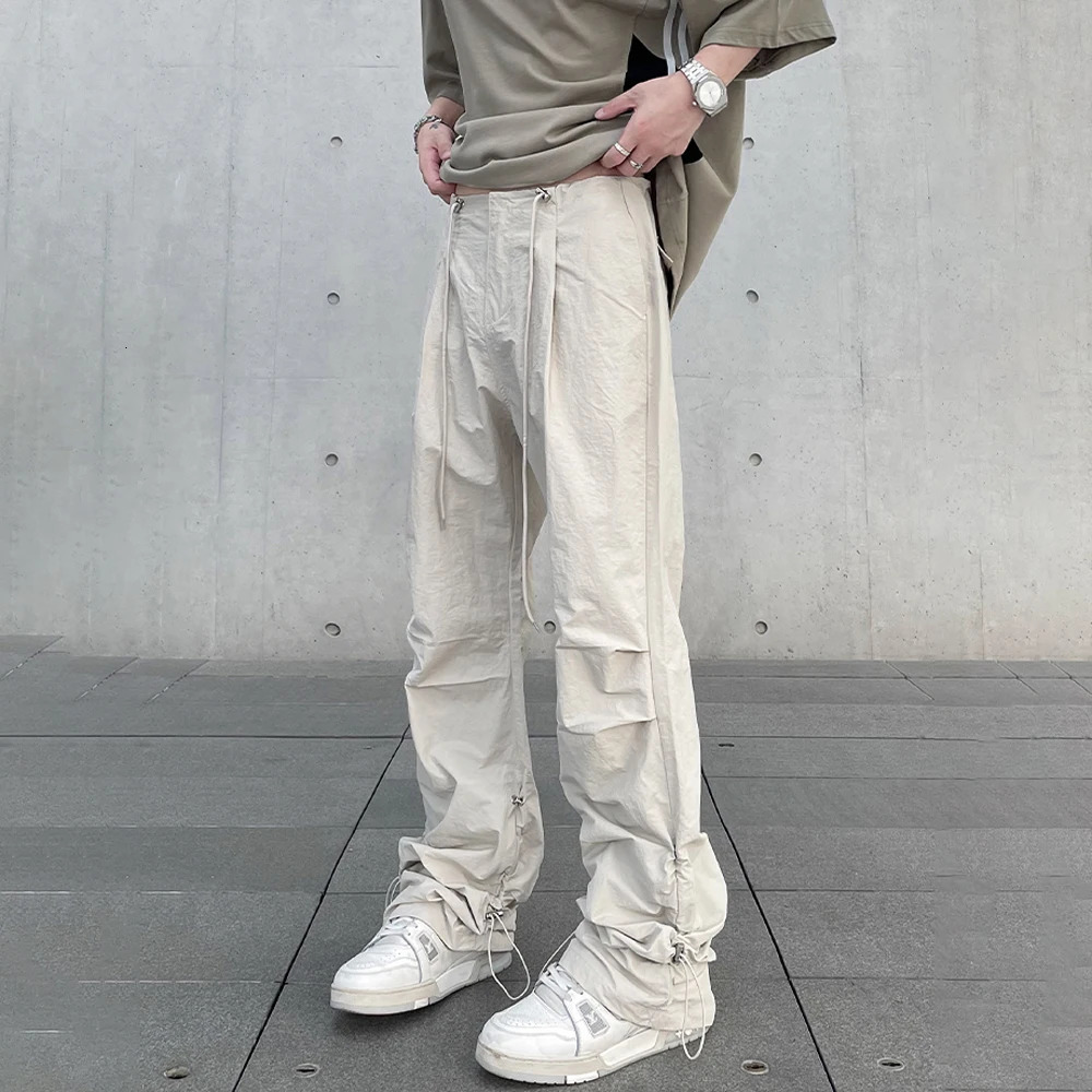 Baggy Cargo Pants Men Y2k Streetwear Bright White Straightleg Autumn Elastic Waist Wide Leg Casual Oversized Stacked Trousers 240806
