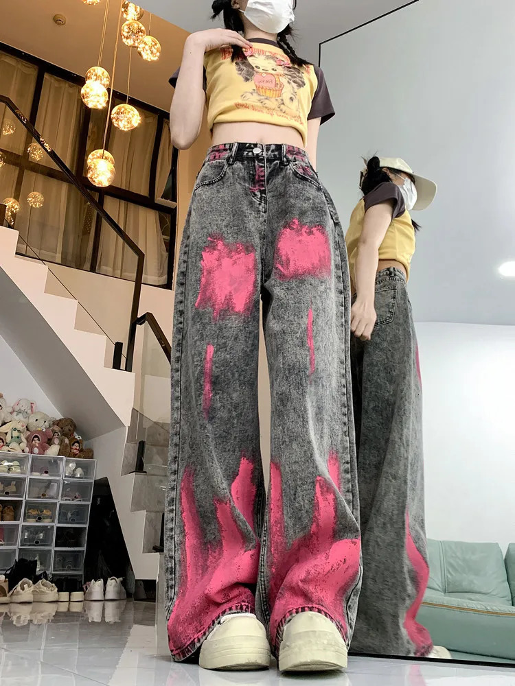 vintage clothes tie-dye jeans womens straight loose pants high street ins wide leg trousers fashion high street pants y2k women 240806