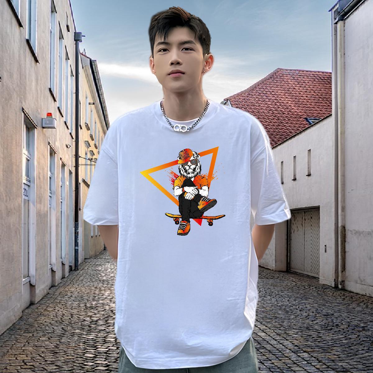 Fashion Casual Man T Shirts 230g Pure Cotton lion Street Casual Polos Breathable Short Sleeve Comfortable Mens Tshirts Black Oversized