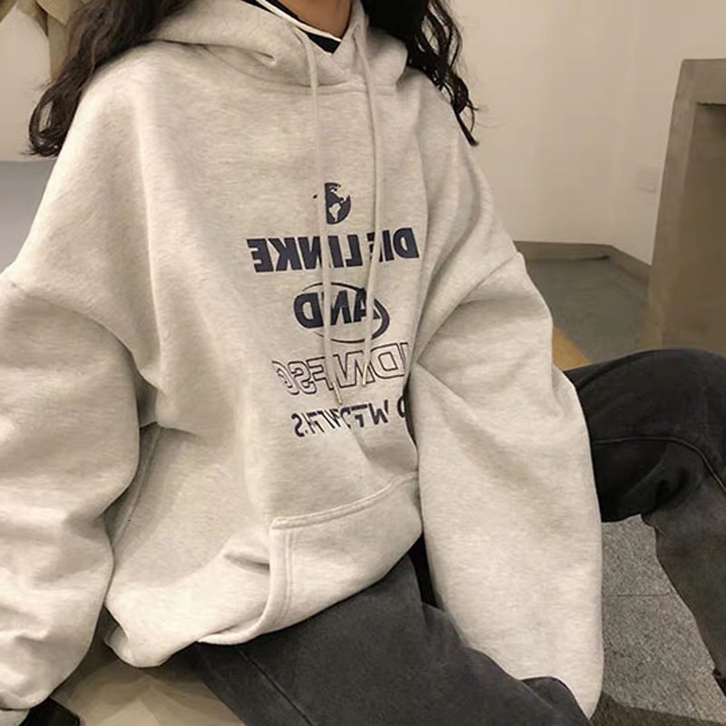 2024 new autumn and winter plus plush thick hoodie women's trendy ins hooded loose letter lazy style outer set