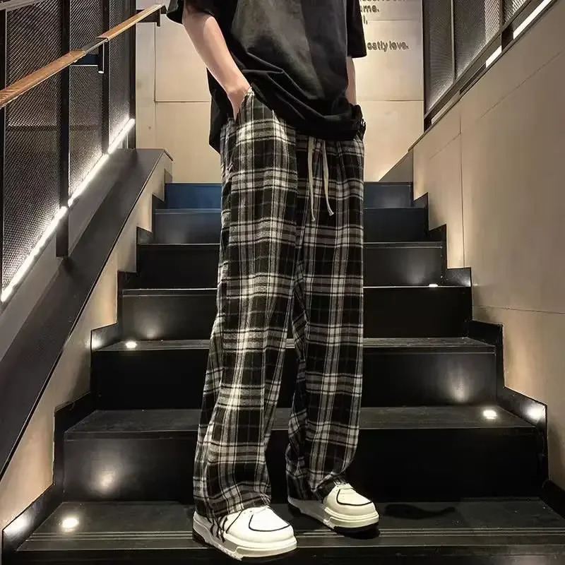 Casual Plaid Mens Pants Japanese Style Vintage Loose Fit Trendy Sports Wide Leg Dragging For Summer 240806