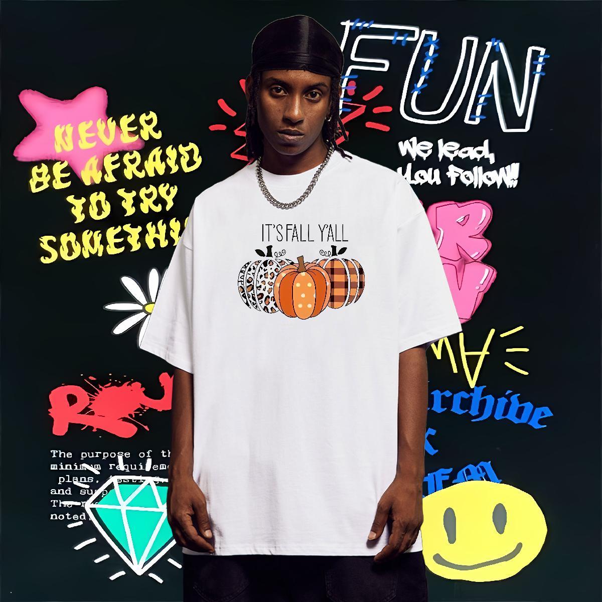 Fashion Casual T-Shirts for Men 230g Pure Cotton pumpkin Daily Outfit Polos Breathable Short Sleeve Loose Couples T Shirts Customized Print